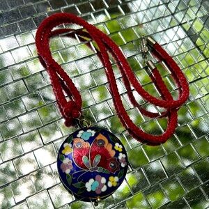 Vintage enamel butterfly cloisonné pendant on silk cord